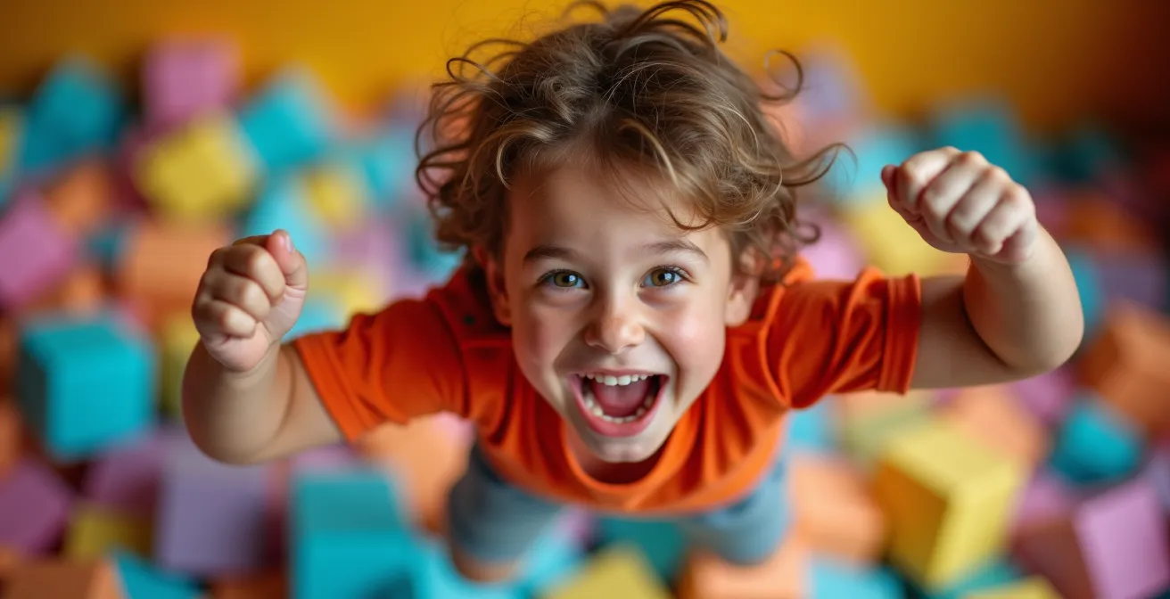 Enfant en plein saut au-dessus d'une fosse de mousse, déterminé et joyeux