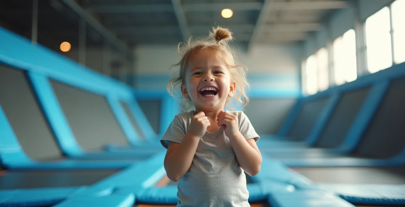 Enfant photographié en train de rire, posant fièrement après un saut réussi, cadre moderne et lumineux