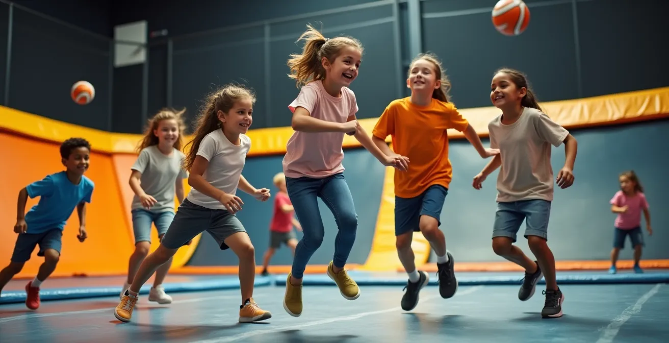 Groupe d'enfants de différentes morphologies et origines jouant ensemble au dodgeball, riant et s'amusant
