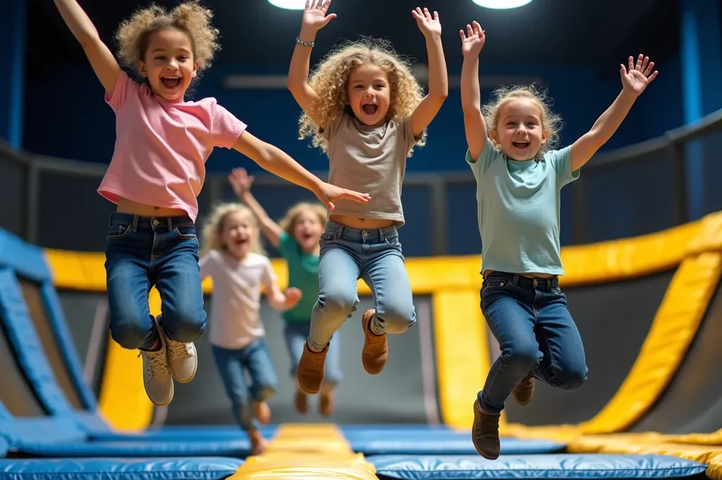 Groupe d'enfants souriant en train de sauter sur un trampoline, porté par la joie et l'enthousiasme