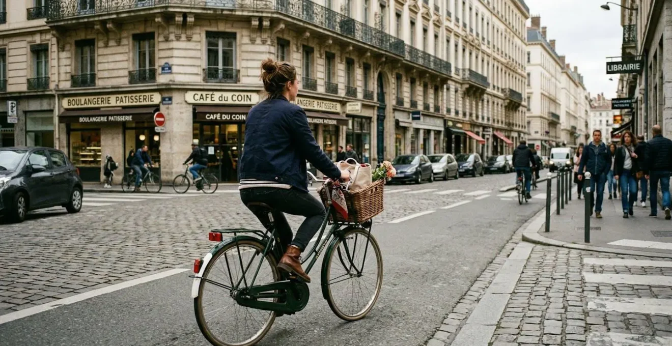 Une cycliste en tenue quotidienne traverse une rue pavée de Lyon sur un vélo hollandais avec panier avant, vue de trois-quarts arrière