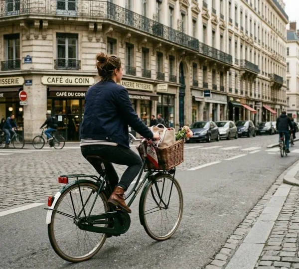 Une cycliste en tenue quotidienne traverse une rue pavée de Lyon sur un vélo hollandais avec panier avant, vue de trois-quarts arrière