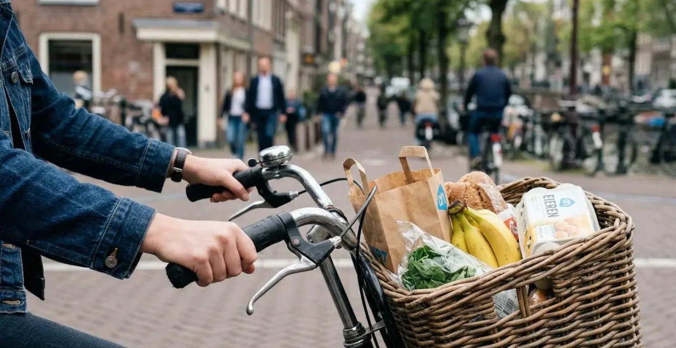 Gros plan sur un guidon de vélo hollandais avec panier avant en osier contenant des courses, une main posée sur la poignée