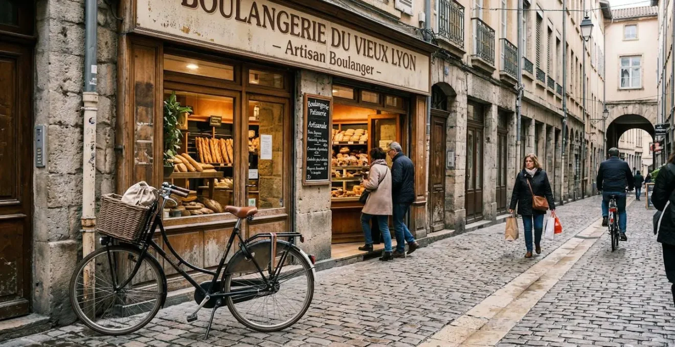 Un vélo hollandais bleu stationné devant la devanture d'une boulangerie de quartier lyonnais, ambiance vie quotidienne