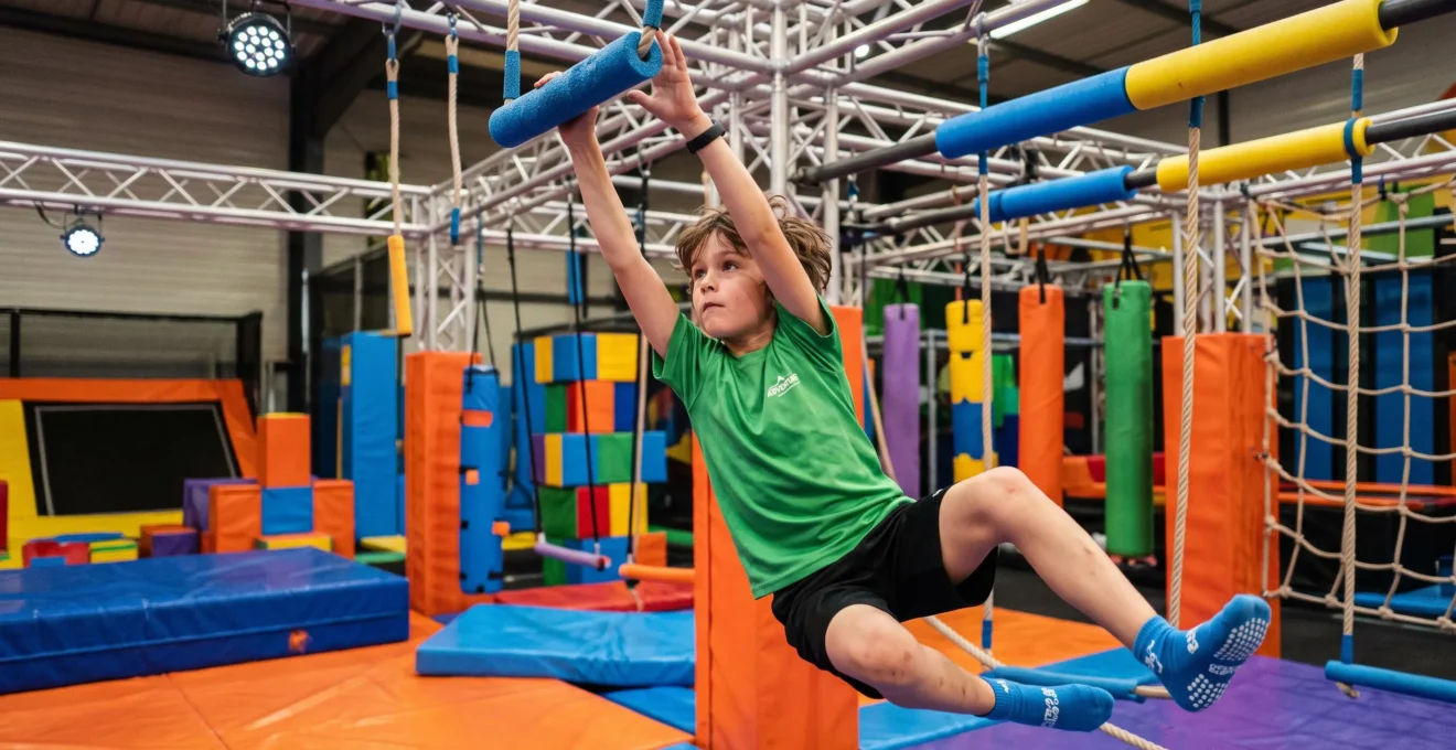 Enfant en pleine action sur un parcours d'obstacles type ninja warrior dans la zone d'activités d'un trampoline park
