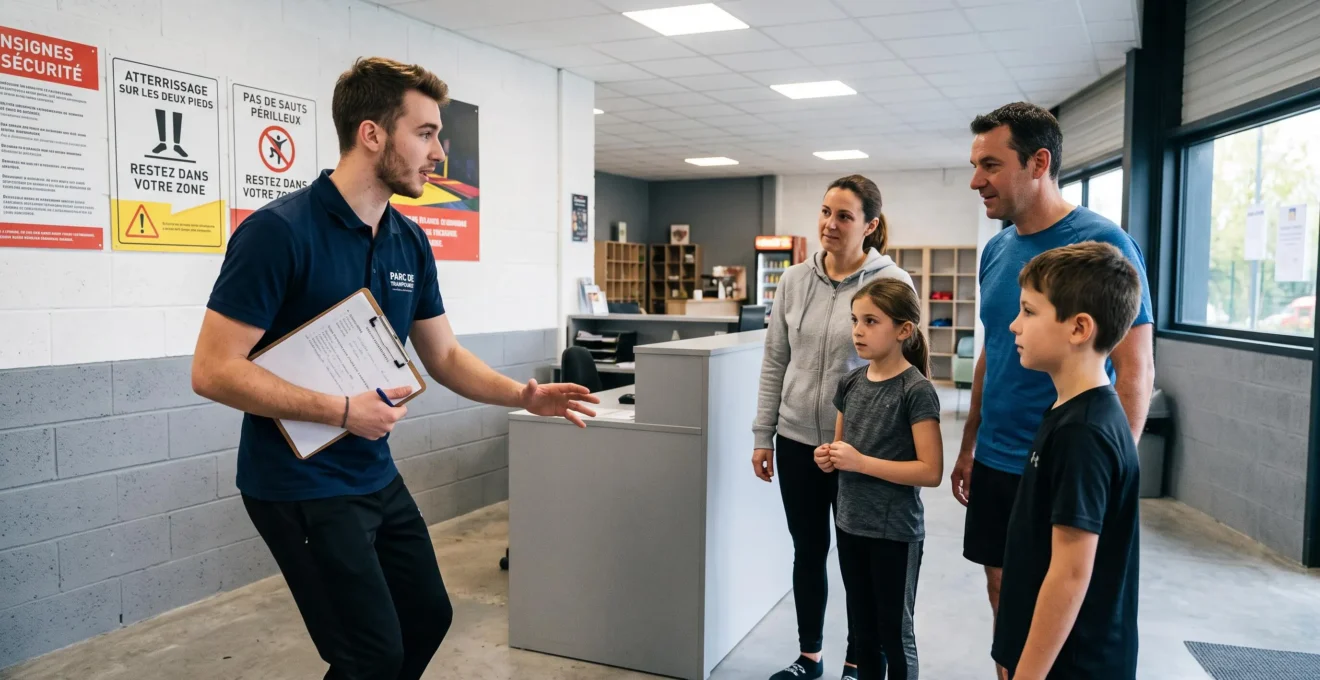 Moniteur de trampoline park donnant un briefing de sécurité à un petit groupe de visiteurs dans la zone d'accueil