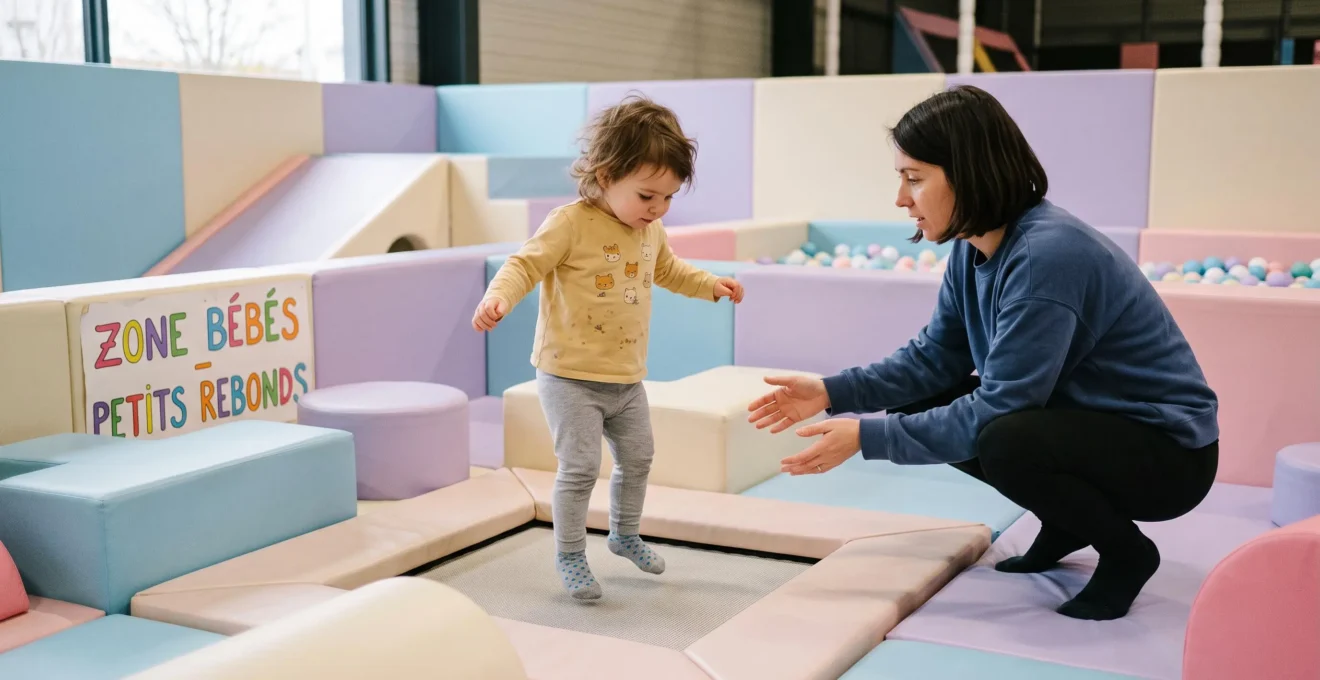Tout-petit accompagné de son parent découvrant un trampoline adapté dans la zone dédiée aux bébés d'un trampoline park