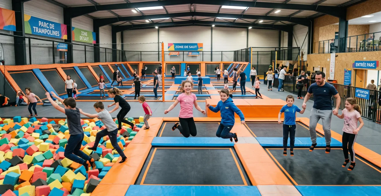 Familles avec enfants sautant sur plusieurs zones de trampolines interconnectées dans un parc indoor moderne