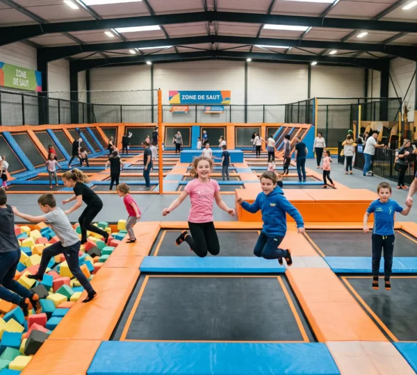 Familles avec enfants sautant sur plusieurs zones de trampolines interconnectées dans un parc indoor moderne
